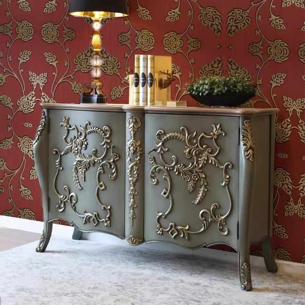French Provincial Ornate Sideboard with Hand-Carved Relief Details, Vintage Gray-Green Console Cabinet with Curved Legs, Neoclassical Storage Buffet
