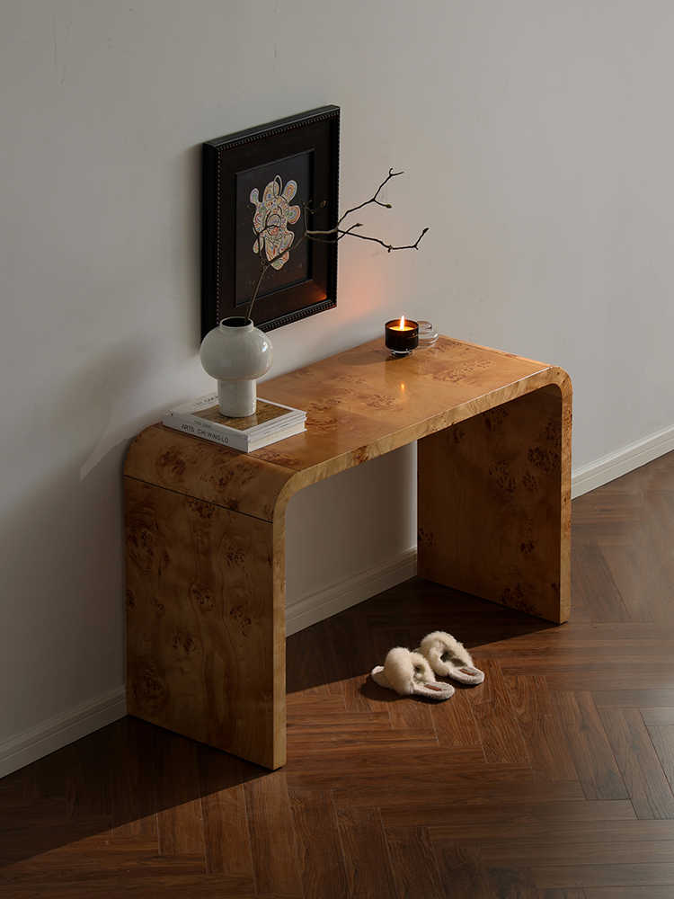 French Mid-Century Burl Wood Console Table – Luxury Waterfall Edge Entry Hall Table, Natural Wood Grain Sofa Table, Modern Minimalist Desk for Living Room, Entryway, Bedroom