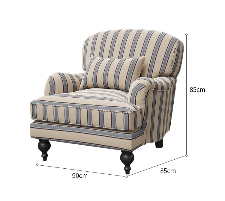 Vintage Blue-White Striped Armchair – Retro Single Sofa for Living Room, Study, Balcony, Bedroom, and Homestay