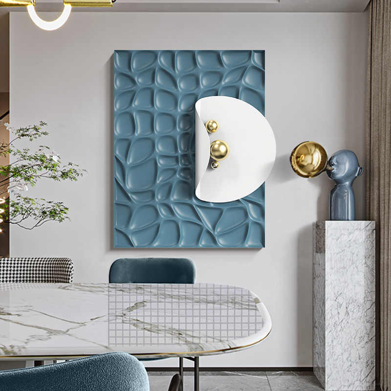 Luxury Modern Abstract Blue 3D Stone Pattern Wall Art, Handcrafted Sandstone Relief Panel with Gold Spheres for Living Room, Entryway, or Dining Room