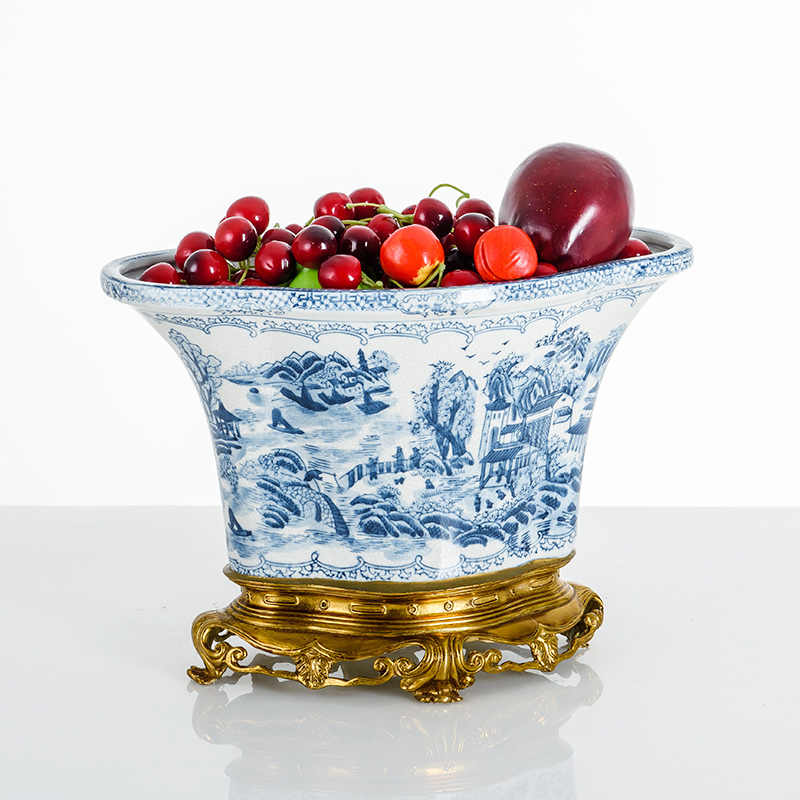 Blue and White Porcelain Fruit Bowl with Brass Stand – Decorative Centerpiece Basin for Living Room, Entryway, Mantel, and Dining Table