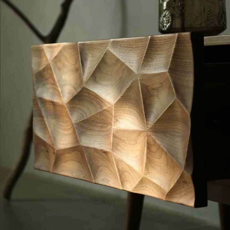 Contemporary Teak Geometric Media Console – Sculptural Faceted TV Stand with Organic Carved Design, Mid-Century Modern Storage Furniture