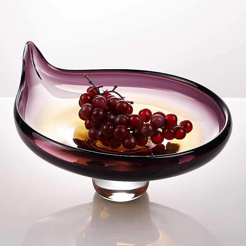 Minimalist Luxury Art Glass Pedestal Fruit Bowl, Handcrafted Purple-Amber Gradient Serving Dish with Organic Wave Design, Modern Desktop Centerpiece