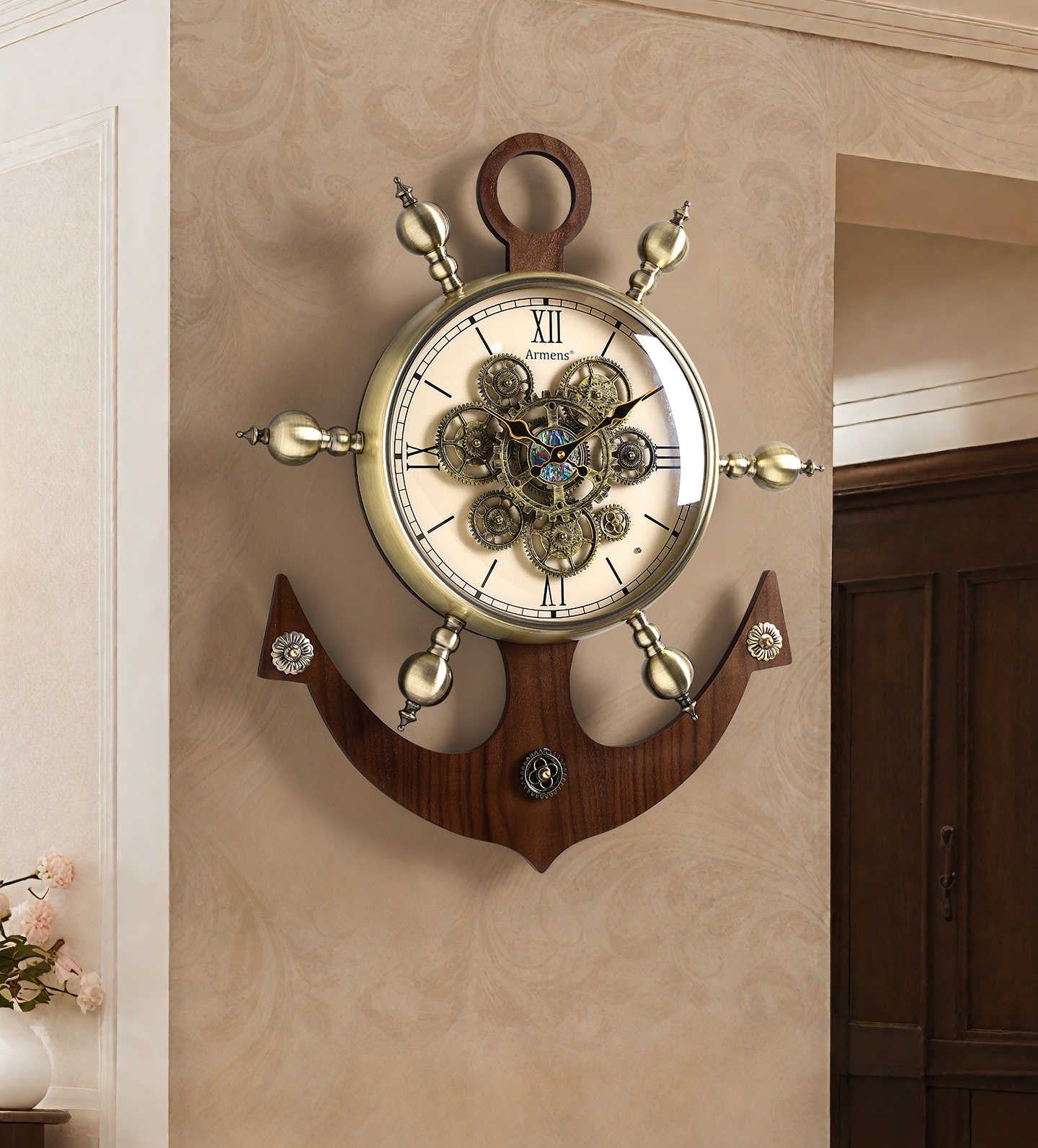 European Vintage Gear Wall Clock – Nautical Ship Anchor Design, Light Luxury Creative Statement, (Gear Version)