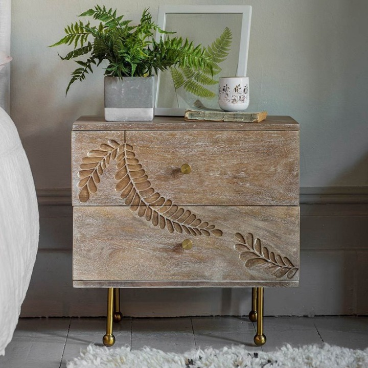 Carved Leaf Wood Nightstand with 2 Drawers