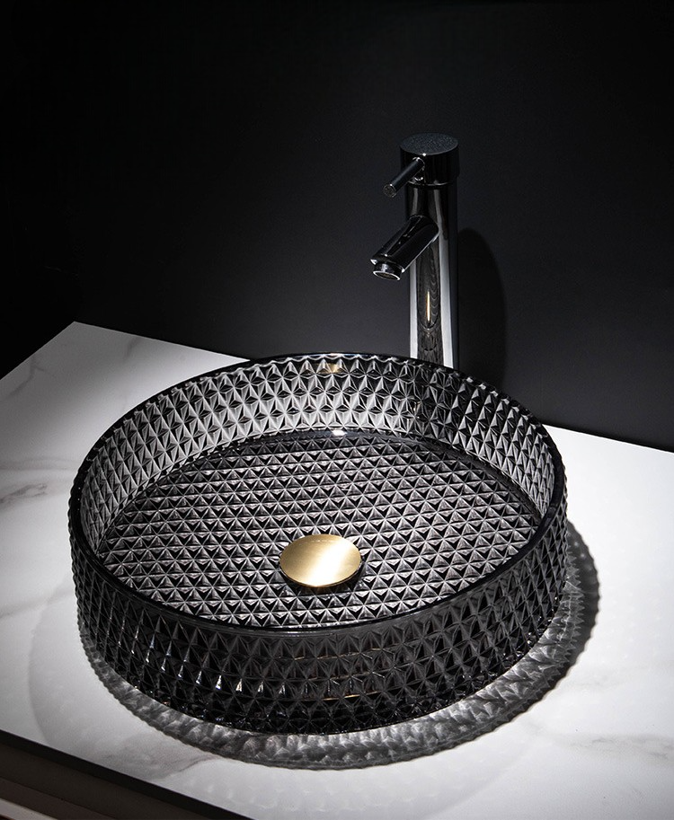 Modern Diamond Pattern Glass Vessel Sink – Luxury Round Bathroom Wash Basin, Above Counter Vanity Bowl for Hotel & Home