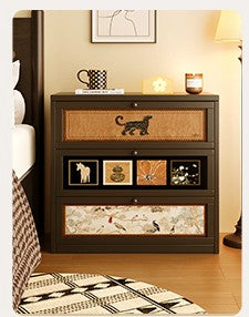 Vintage Industrial Metal Nightstand, Leopard Print 3-Drawer Steel Chest with Animal Art Panels, Retro Iron Bedside Cabinet, Formaldehyde-Free Bedroom Storage,