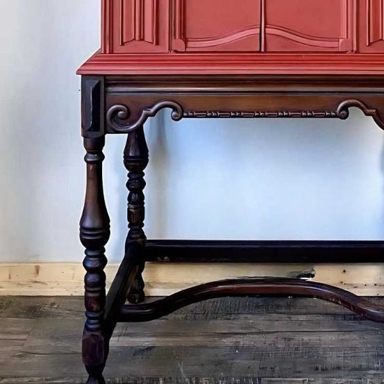 Vintage Solid Wood Tall Cabinet – Art Deco Red Entry Buffet, Antique Living Room Storage, Display, Bookcase & Wine Cabinet, Custom Design