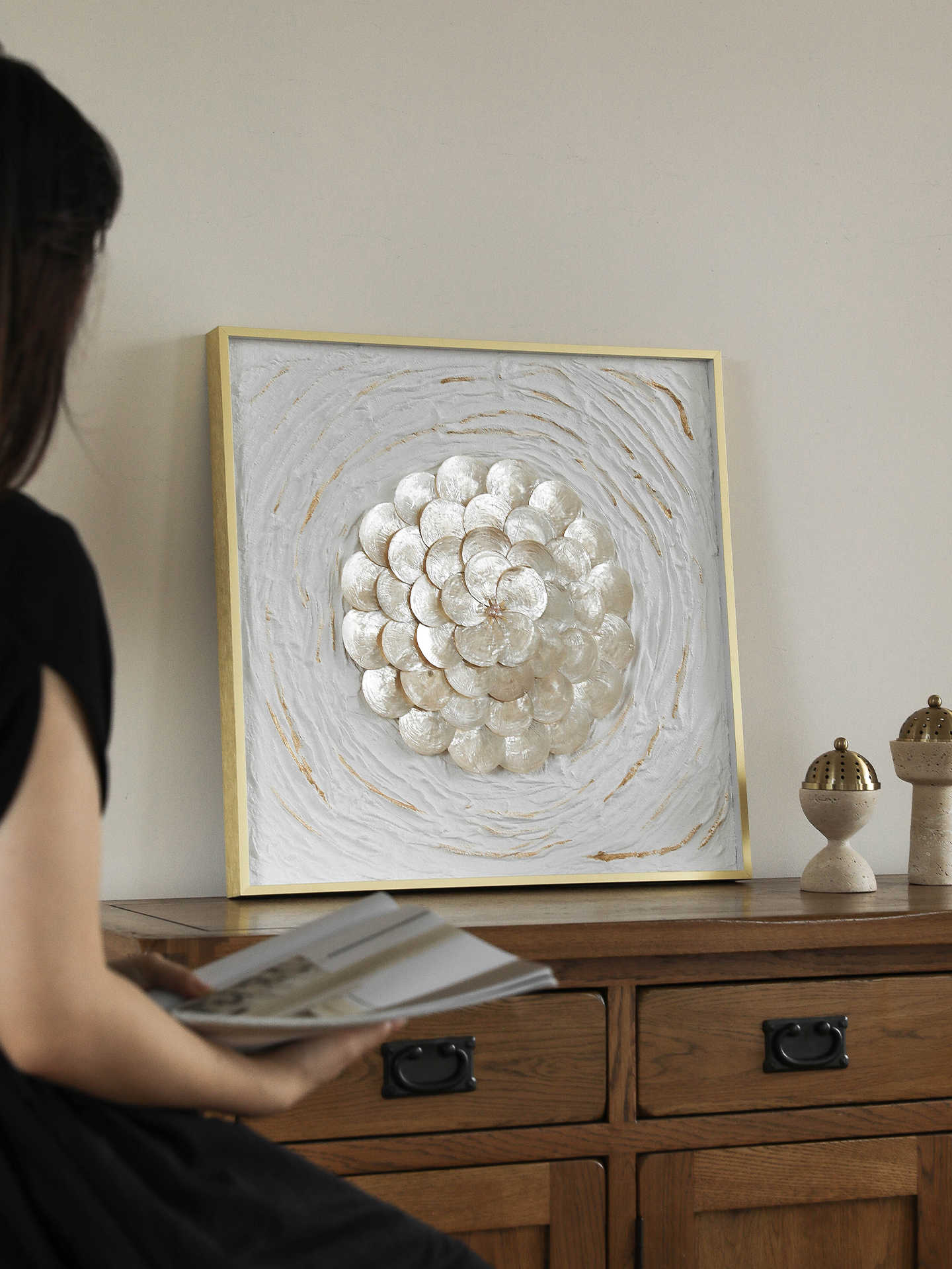 Luxury 3D Wall Art, Square Gold-Frame Decorative Painting for Living Room, Entryway & Bedroom – Modern Pearl Flower Artwork