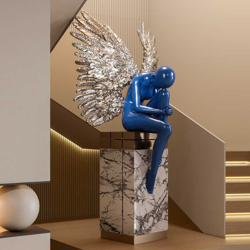 Modern Sitting Angel Sculpture with Silver Wings – Blue Contemporary Art Figure for Hotel Lobby & Living Room Display