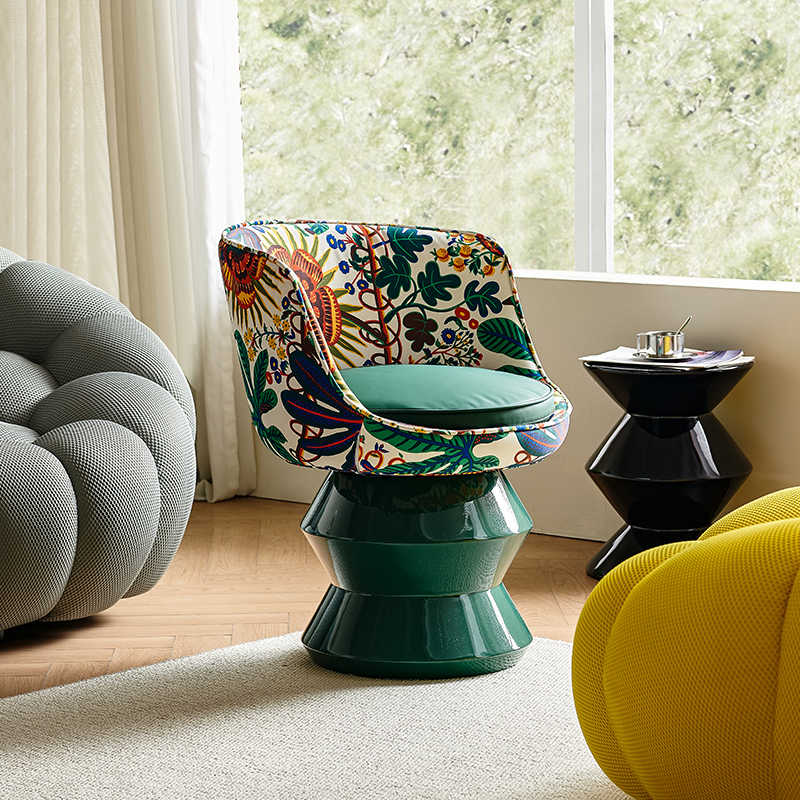 Minimalist Designer Swivel Lounge Chair, Green Fiberglass Base & Floral Upholstery Accent Armchair