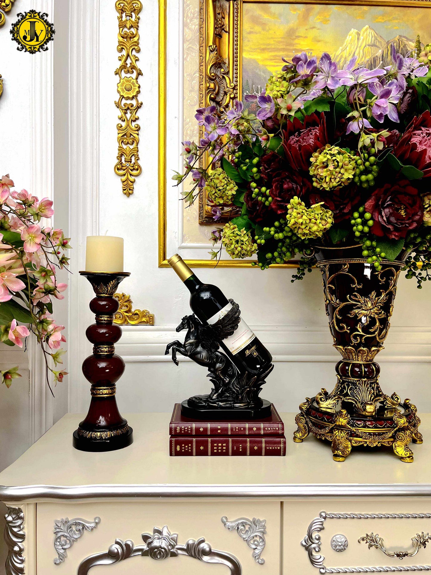 Luxury Bronze Marble Pegasus Wine Rack, Manor Style Black Sculpture for High-End Bar, Wine Cabinet, Villa Display