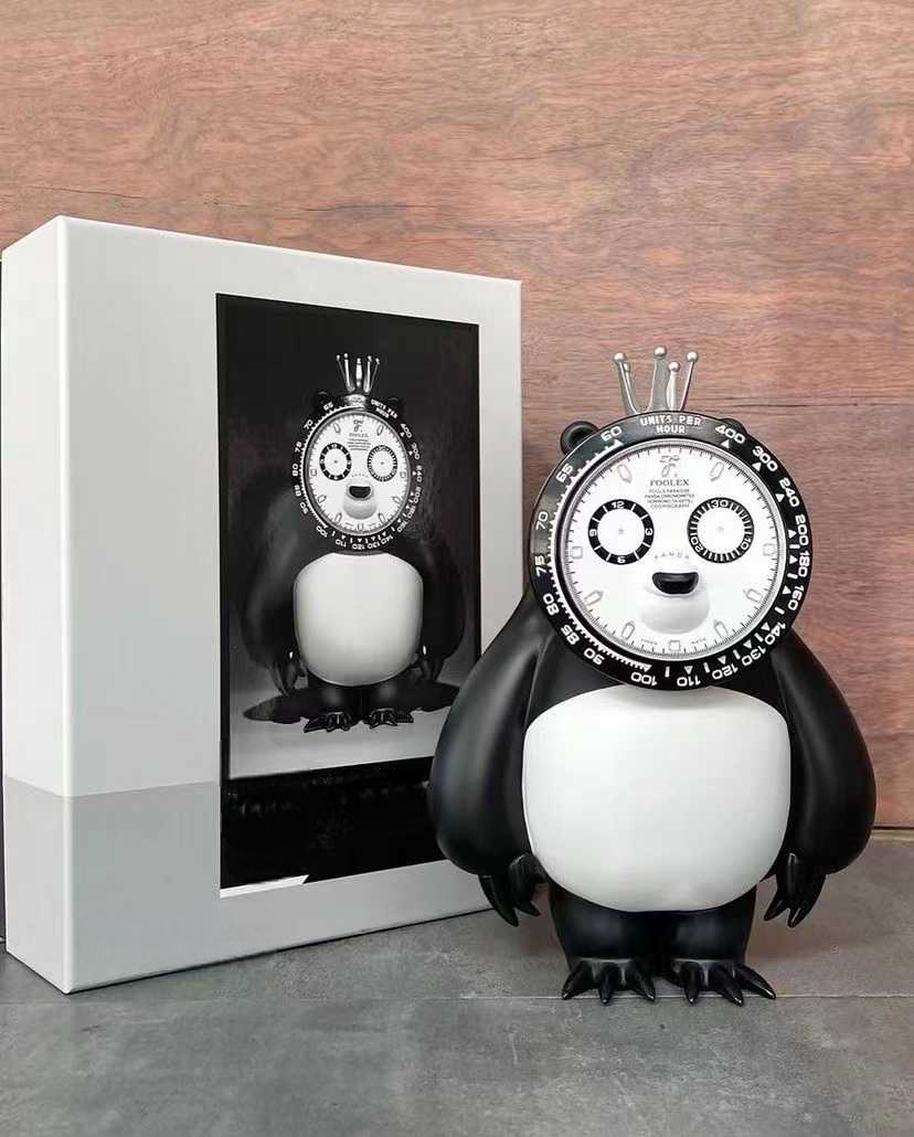 Panda Clock Sculpture – Designer Cartoon Desk Clock, Limited Edition Black & White Cute Art Toy