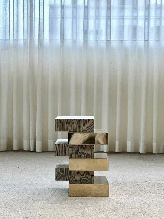 Custom Vintage Solid Wood & Brass Stacked Accent Table, Artistic Modular Side/End Table for Designer Hotels, Apartments, B&Bs