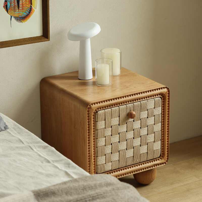 French Vintage Woven Nightstand – Handcrafted Basket-Weave Storage Cabinet with Rounded Wood Frame, Contemporary Bedroom Furniture