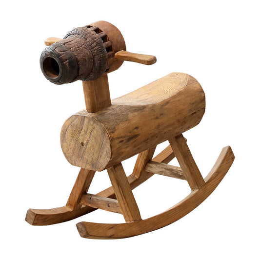 Wabi-Sabi Wooden Rocking Horse – Handcrafted Solid Wood Traditional Toy with Weathered Finish, Japanese Minimalist Children's Furniture