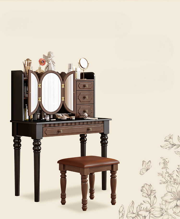 Vintage Solid Wood Vanity Table, Integrated Dressing Table & Mirror for Modern Small Bedrooms