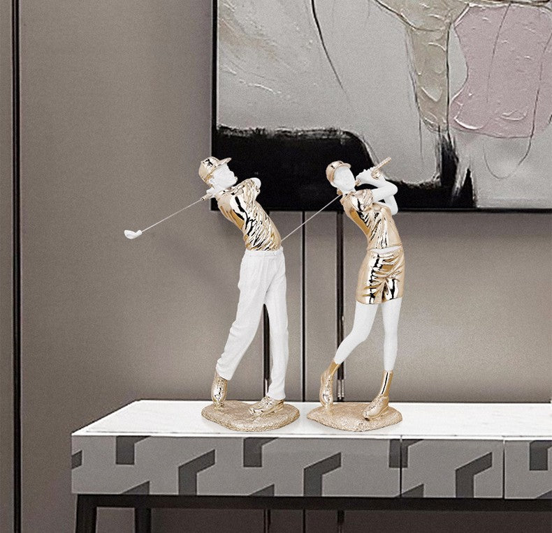 Luxury Rose Gold Golf Player Sculpture Set – Elegant Male and Female Resin Figurines for Modern Home, Office, or Bar Décor