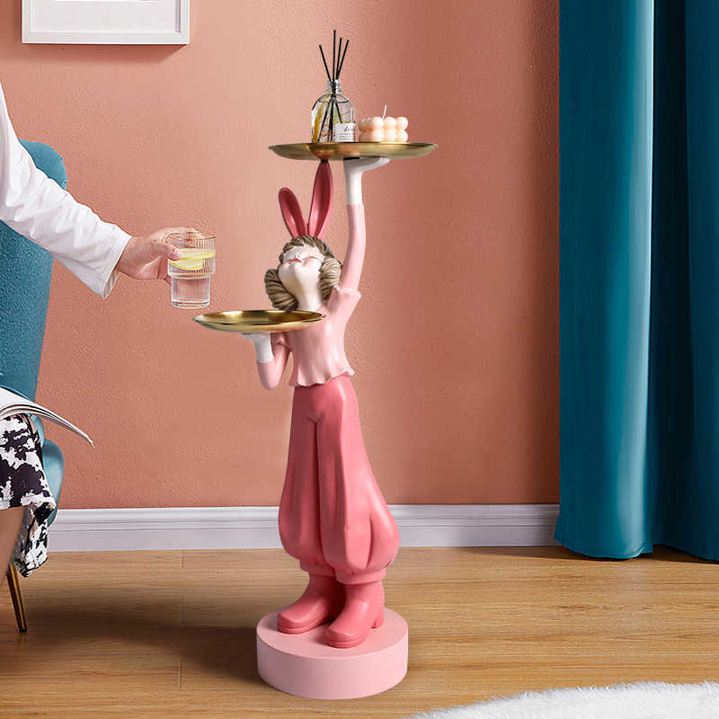 Luxury Modern Girl Bunny Floor Tray Decor, Large Pink Standing Decorative Sculpture Accent Table for Living Room, Entryway, Home Gift