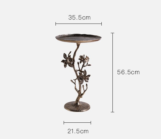 Luxury Metal Side Table, Brass Floral Accent Table for Sofa, High-End Living Room Furniture with Decorative Base