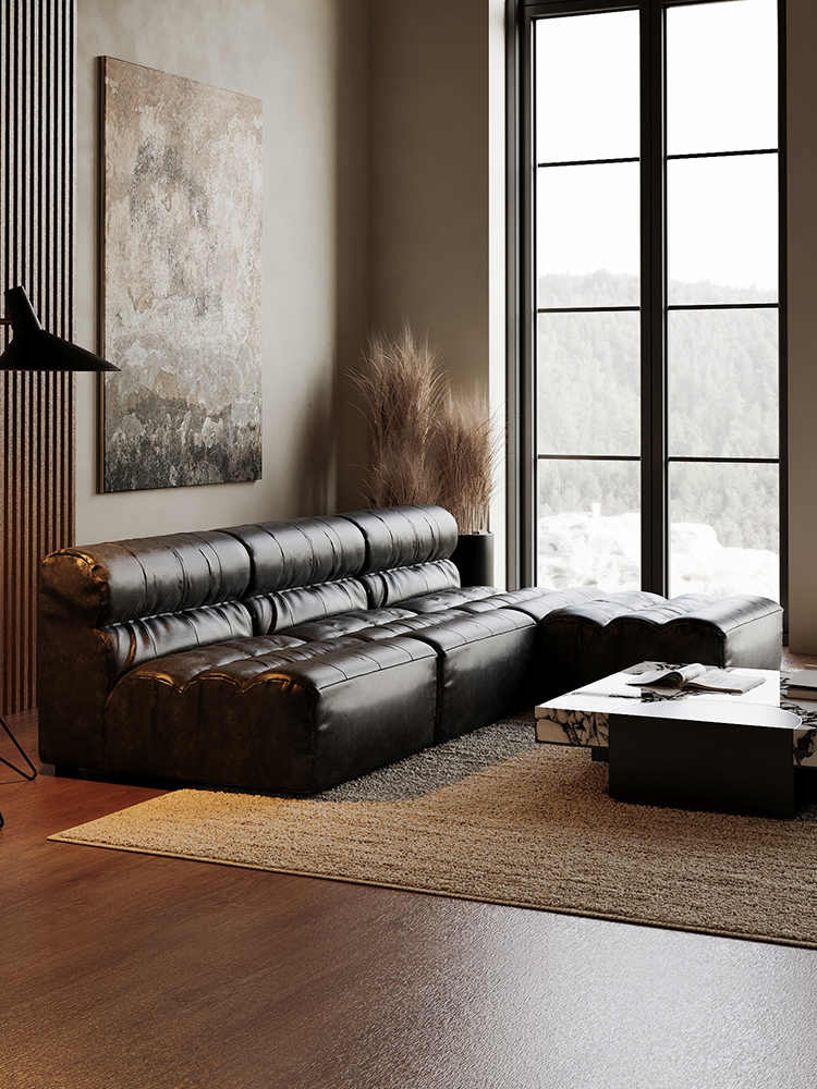 Vintage Modular Armless Leather Chaise Sofa Set – Retro Modern Sectional for Small Apartment Living Room, Tufted Lounge