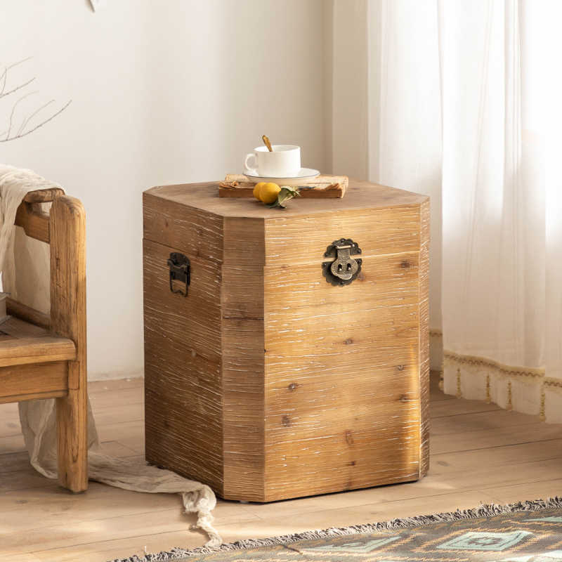 Vintage Solid Wood Storage Chest Coffee Table, Wabi-Sabi Distressed Square Side Table with Lid, Multi-Purpose Nightstand Ottoman