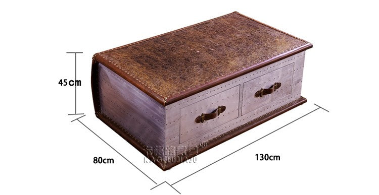 Vintage Industrial Aviation Coffee Table – Metal & Leather Trunk-Style Storage Coffee Table with Rivet Details, Designer Furniture for Modern Living Spaces