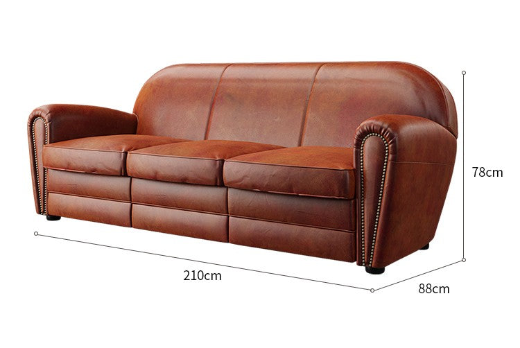 Vintage Genuine Leather Sofa – Retro Designer 3 Seater Couch for Small Living Room & Luxury Apartment, Tufted Brown