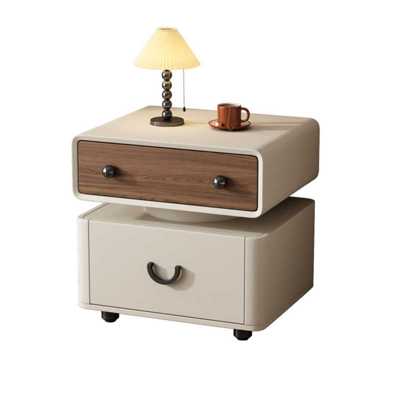 Contemporary Floating Two-Tier Nightstand – Modern Cream & Walnut Bedside Cabinet with Stacked Design, Premium Solid Wood Bedroom Storage