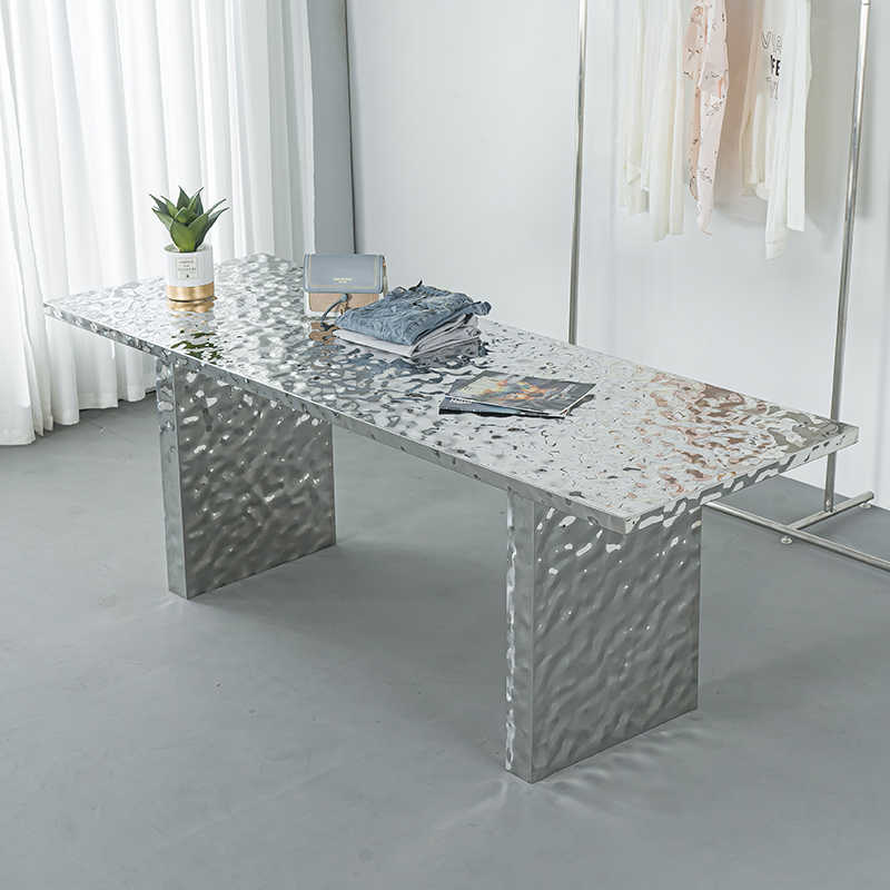 Modern Stainless Steel Ripple Finish Display Table – Water Wave Mirrored Center Island Stand for Boutique Clothing & Handbag Retail