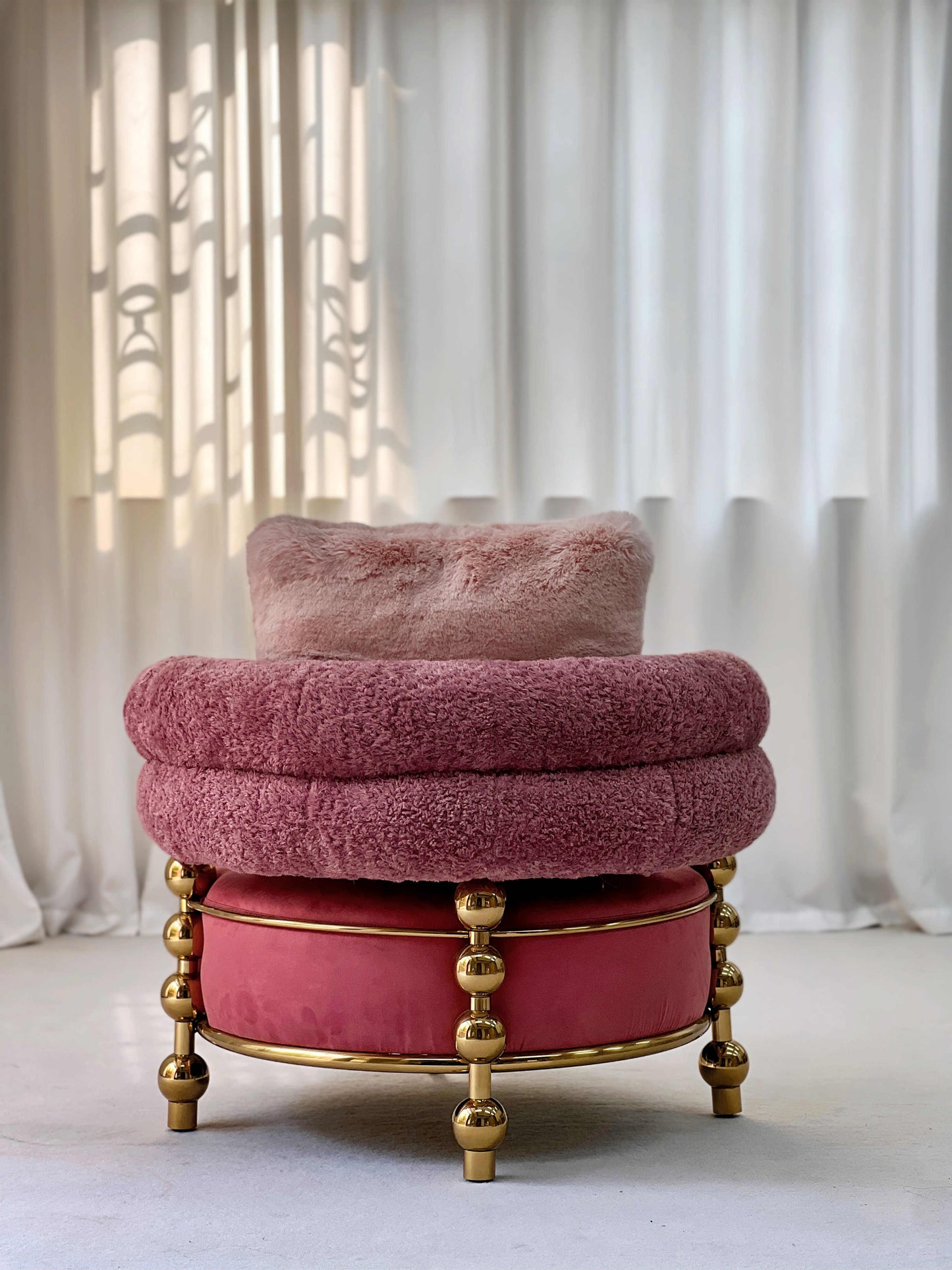 Luxury Pink Teddy Fleece Accent Chair, Italian French Designer Single Seat Armchair with Gold Legs, Removable Washable Cover