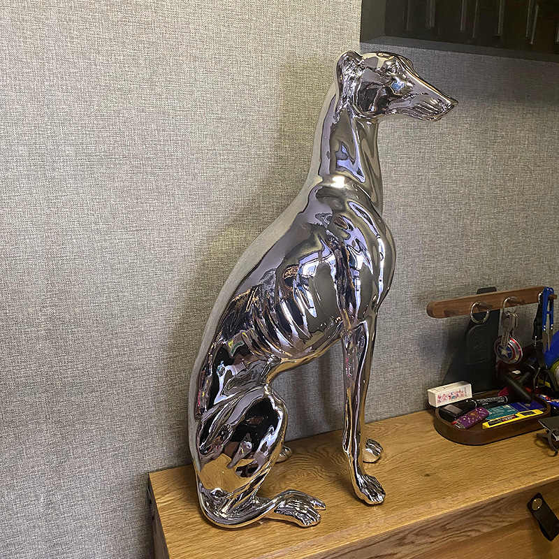 Greyhound Silver-Plated Dog Statue, Modern Villa Living Room Floor Décor, Whippet Sculpture