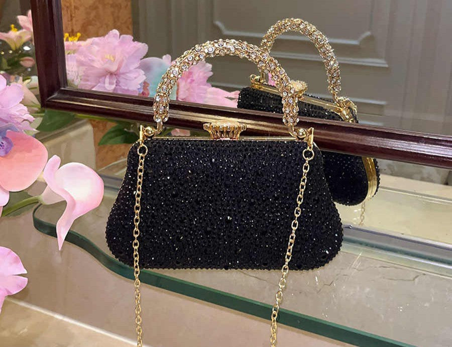 UGALS French Luxury Beaded Evening Clutch with Crystal Handle, Vintage Rhinestone Frame Purse with Chain Strap