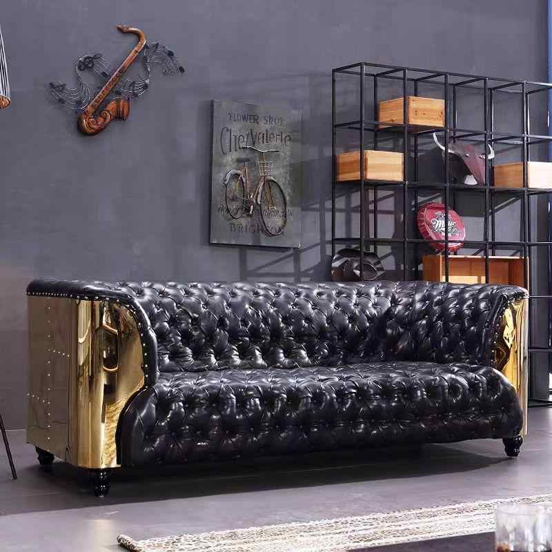 American Industrial Chesterfield Sofa with Copper Aluminum Panels, Designer Aged Black Oil Wax Leather Cigar Bar Couch