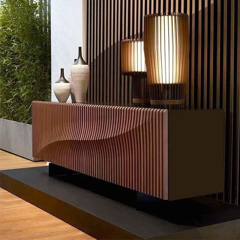 Walnut Minimalist Sideboard Cabinet, Modern Solid Wood Storage Console for Living Room Entryway, Wave Slat Shoe Buffet