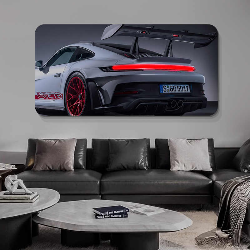Custom LED Backlit Sports Car Wall Art – High-Resolution Porsche GT3 RS Print with LED Accent Lighting, Gaming Room Décor Panel