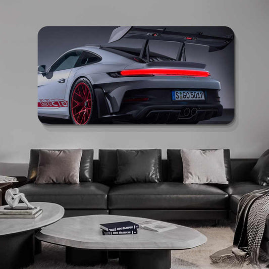 Custom LED Backlit Sports Car Wall Art – High-Resolution Porsche GT3 RS Print with LED Accent Lighting, Gaming Room Décor Panel