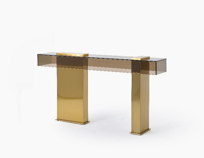 Minimalist Luxury Console Table, Modern Gold & Smoked Acrylic Entryway Table, Designer Hallway Sofa Table