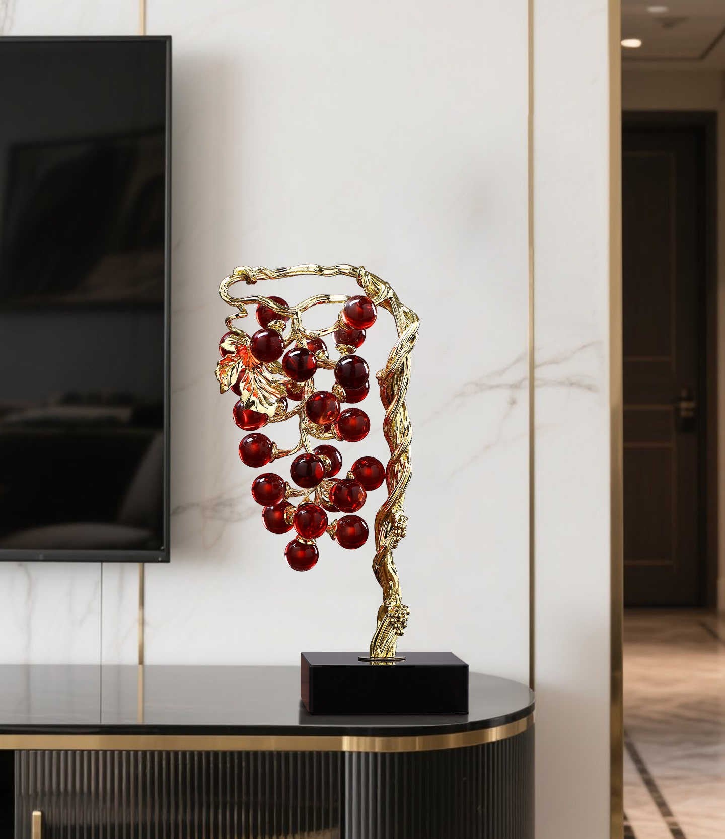 Light-Luxury Grape & Prosperity Tree Decorative Set – High-End Art Glass Desk/Entry Decor, Red Wine & Purple