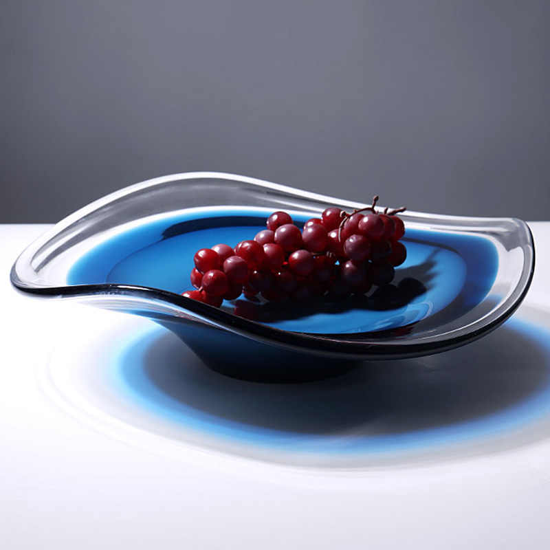 Modern Minimalist Blue Art Glass Fruit Bowl, Contemporary Organic Wave Design Serving Dish for Living Room Dining Table, Large Crystal Centerpiece