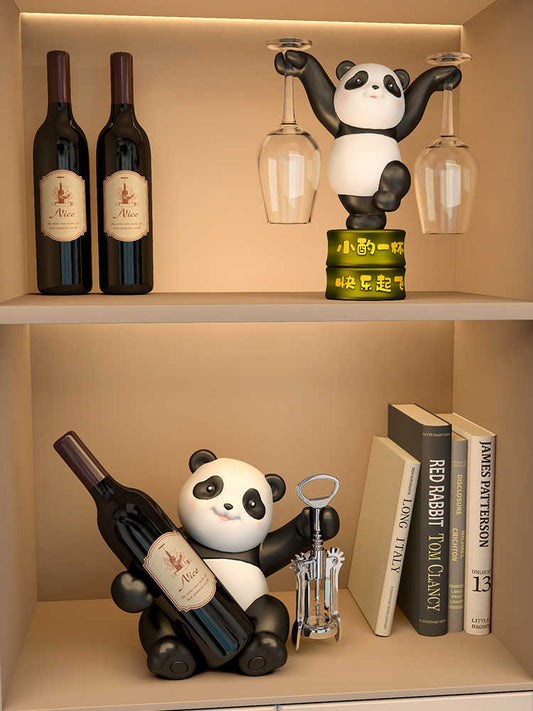 Luxury Panda Wine Rack & Glass Holder Set, Modern Minimalist Wine Cabinet Sculpture Decor, Living Room/Sideboard Housewarming Gift (Includes Opener, No Wine Bottle/Glasses)