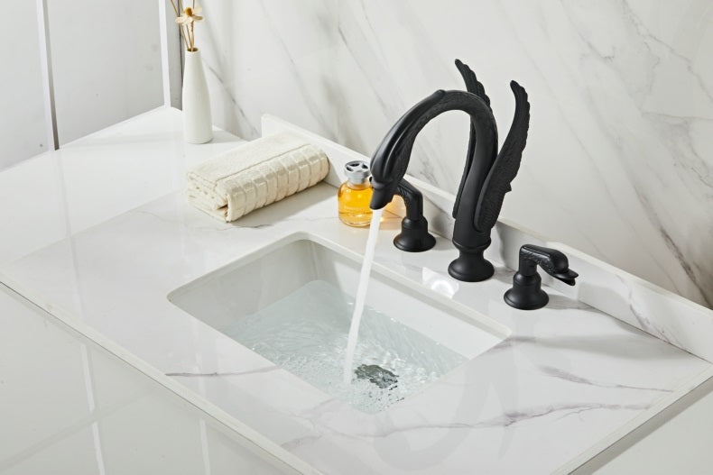 Black Luxury Swan Basin Faucet, Three-Hole Crystal Handle Bathroom Sink Mixer Tap, Designer Gold/Black Swan Lavatory Faucet
