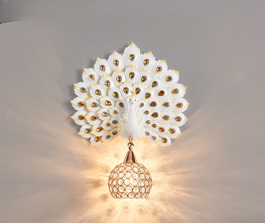 White Gold Peacock Feather Wall Sconce – Luxury Resin Rechargeable Accent Light for Living Room, Bedroom, and Kids' Spaces