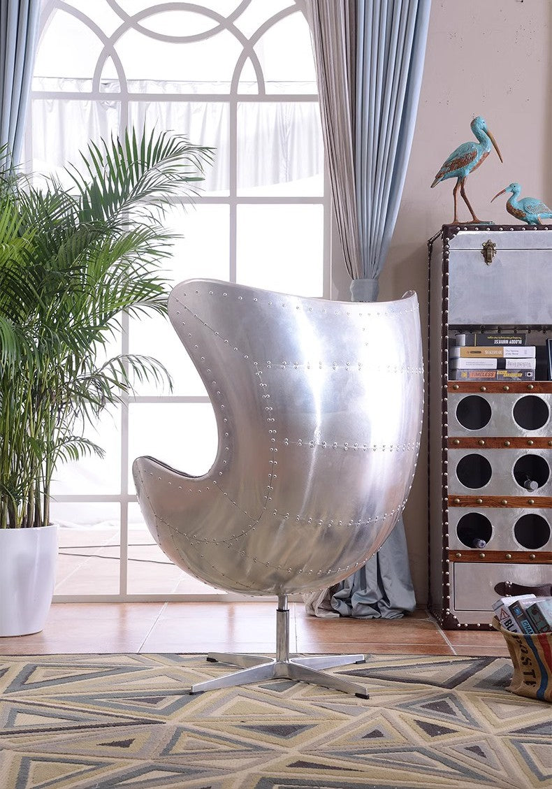Classic Mid-Century Egg Chair with Aviation-Inspired Design – Premium Vintage Brown Leather & Polished Aluminum Shell, Swivel Lounge Chair