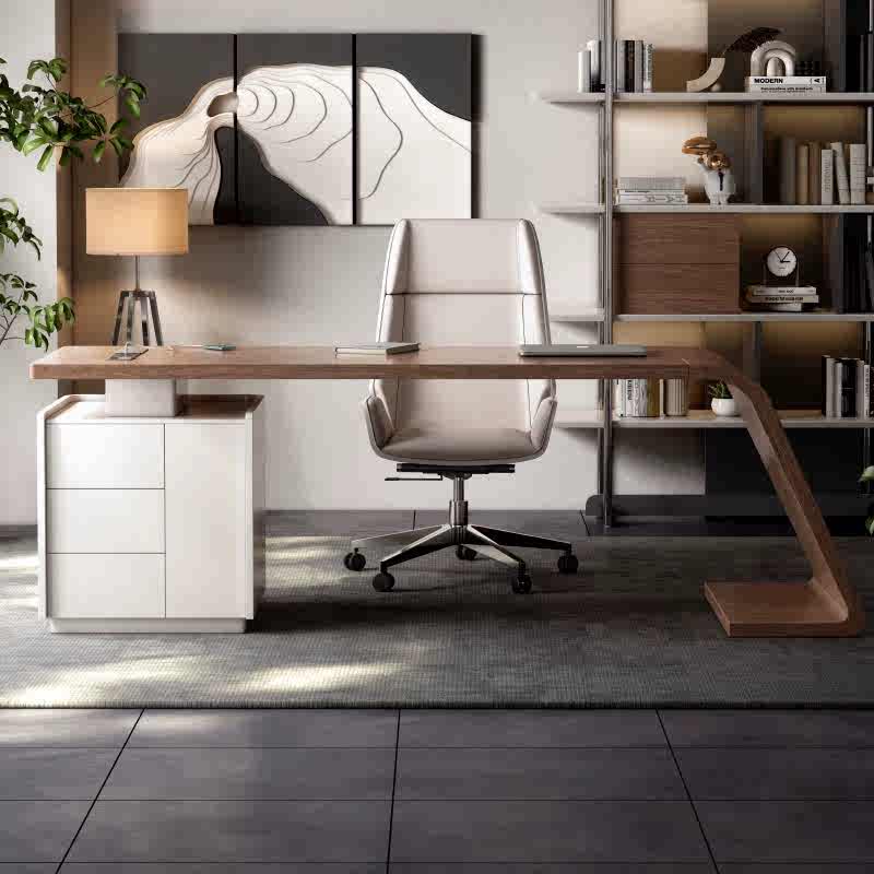 Modern Italian Black Walnut Executive Desk – Luxury Curved Multifunction Office Table
