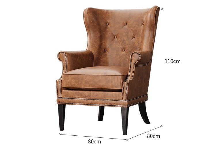 Luxury Vintage High-Back Leather Wing Chair – Designer Retro Accent Armchair for Living Room, Bedroom & Study, Tiger Chair