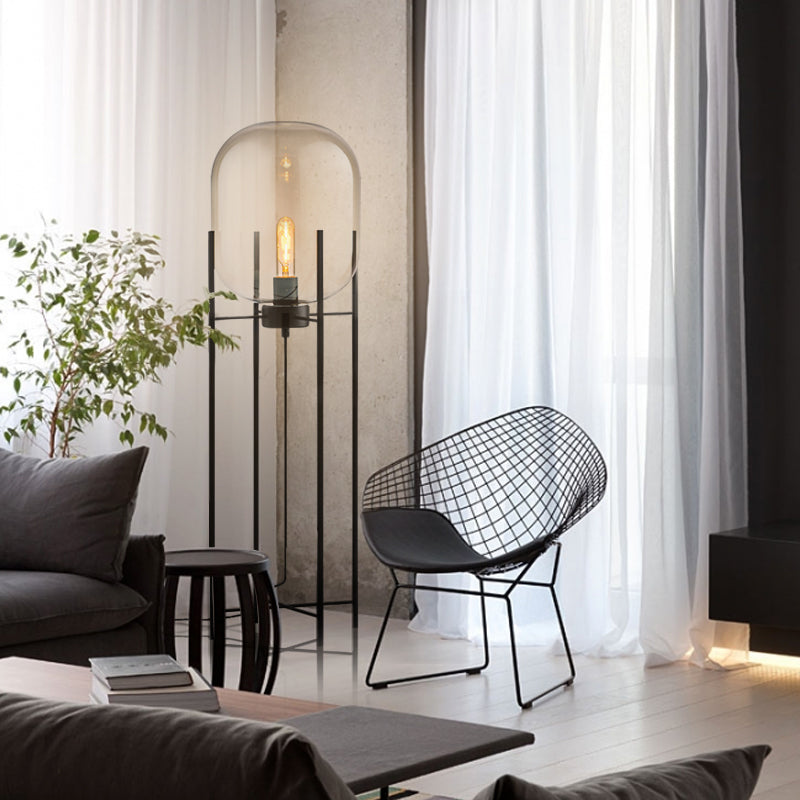 Luxury Floor Lamp with Cognac Glass Shade, Modern Minimalist Standing Lamp for Living Room Bedroom Study, Black Metal Frame Designer Light