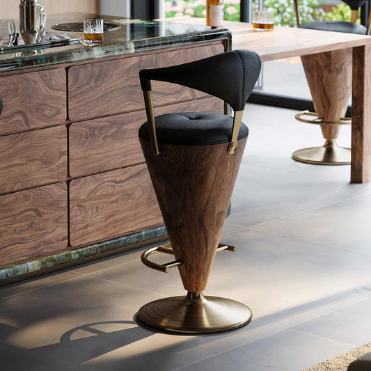 Luxury Designer Leather Bar Stool – Walnut Cone Base Gold Frame, Modern Counter Height Chair with Backrest for Kitchen Island, Bar, or Villa