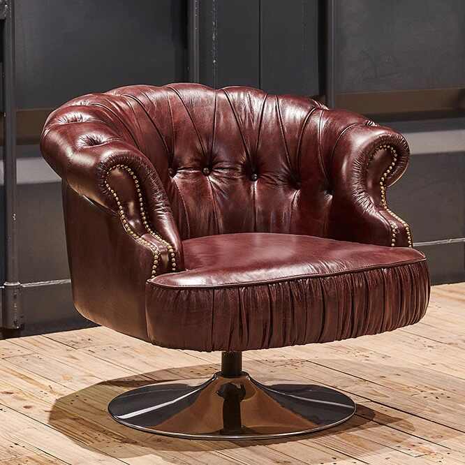 Vintage Chesterfield Swivel Chair – Classic Tufted Brown Leather Executive Armchair with Polished Chrome Base, Mid-Century Designer Accent Chair