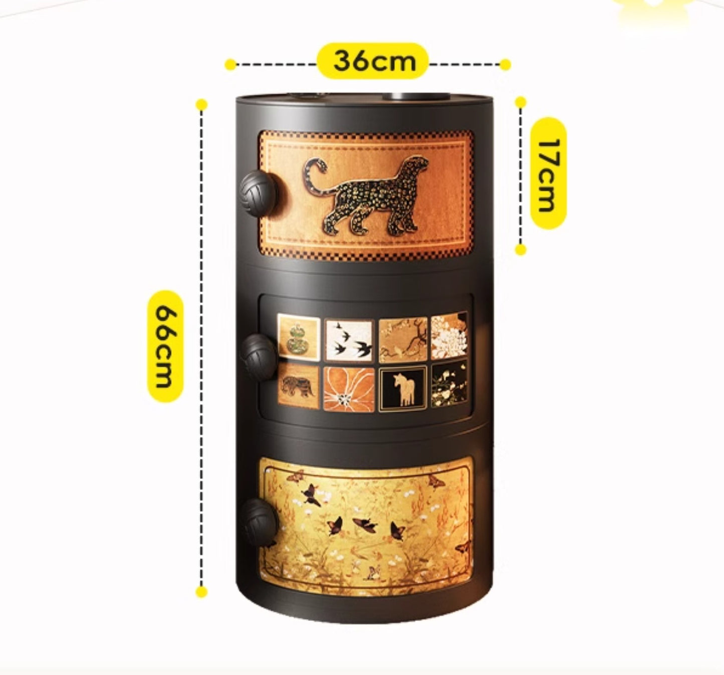 Compact 3-Tier Round Nightstand with LED Accent Light, Space-Saving Cylindrical Bedside Storage with Animal Art Panels, Creative Alternative to Traditional Nightstands